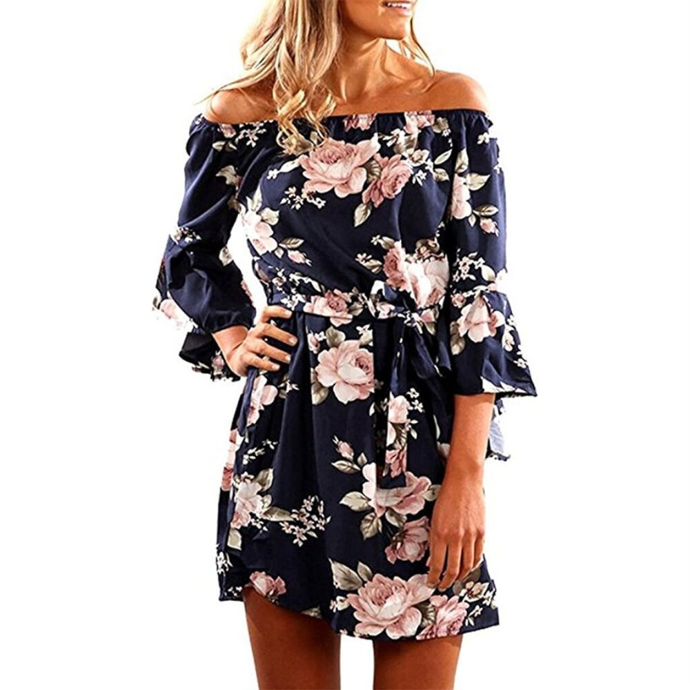 Summer Off Shoulder Strapless Floral Print Pleated Dresse, Blue, X-Large